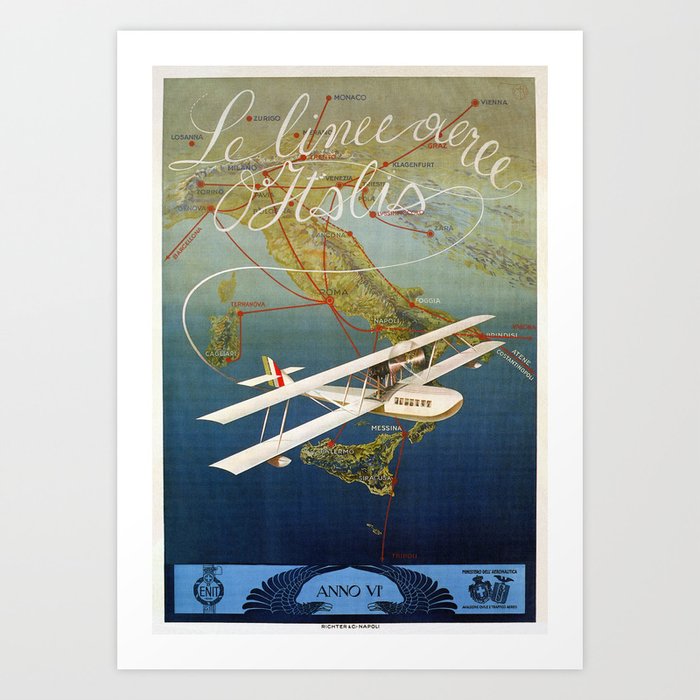 Vintage 1920s Island plane shuttle Italian travel Art Print