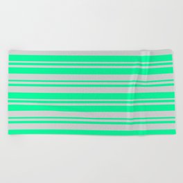 [ Thumbnail: Green and Light Gray Colored Lines/Stripes Pattern Beach Towel ]