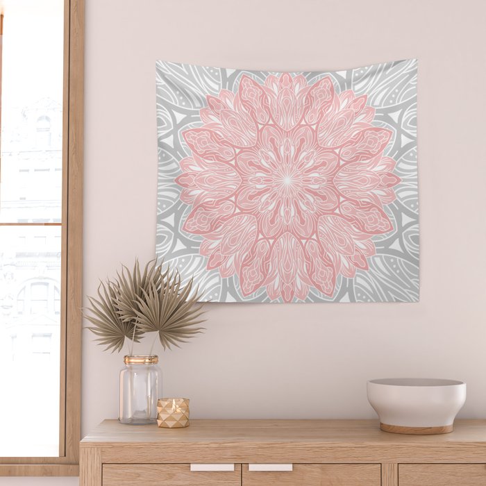 MANDALA IN GREY AND PINK Wall Tapestry