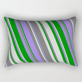 [ Thumbnail: Dim Gray, Purple, Green & Light Grey Colored Lined Pattern Rectangular Pillow ]