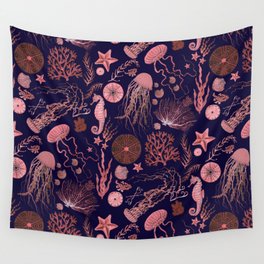 Coral on Navy Sea Life Wall Tapestry