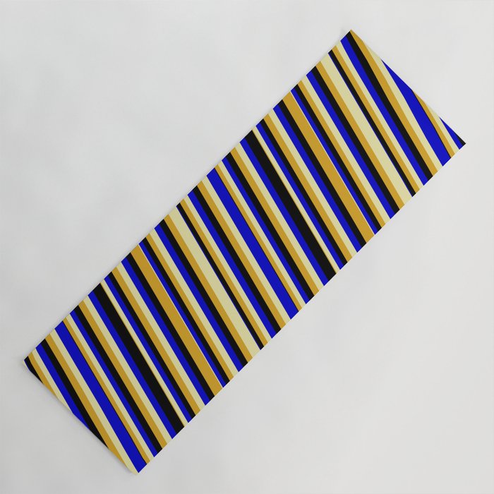 Goldenrod, Pale Goldenrod, Blue & Black Colored Striped Pattern Yoga Mat