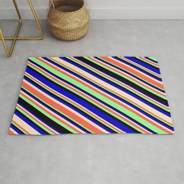[ Thumbnail: Eye-catching Blue, Bisque, Red, Green, and Black Colored Lines/Stripes Pattern Rug ]