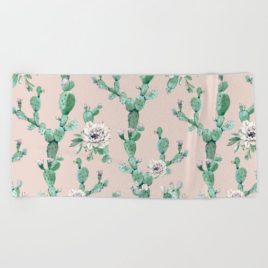 Green Coral Pink Cactus Rose Pattern Beach Towel