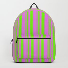 [ Thumbnail: Green & Violet Colored Lined Pattern Backpack ]