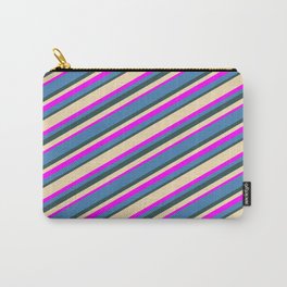 [ Thumbnail: Tan, Fuchsia, Blue, and Dark Slate Gray Colored Stripes Pattern Carry-All Pouch ]