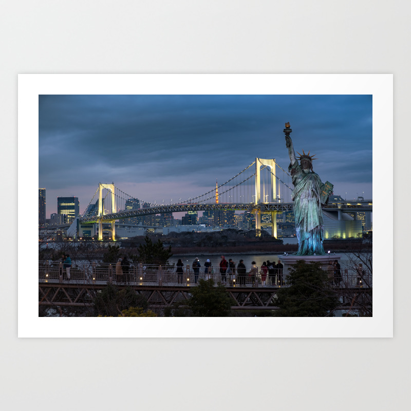 Statue Of Liberty And Rainbow Bridge Of Tokyo Japan Art Print By