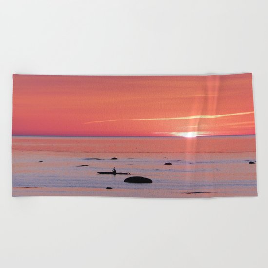 Kayaker and Bird at Last Light Beach Towel