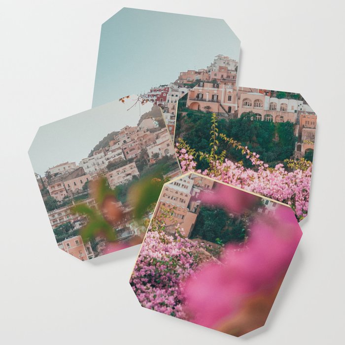 Positano, Italy Travel Photography with Pink Flowers Coaster