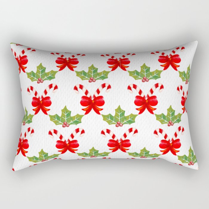 Christmas Pattern Watercolor Candy Bow Mistletoe Rectangular Pillow