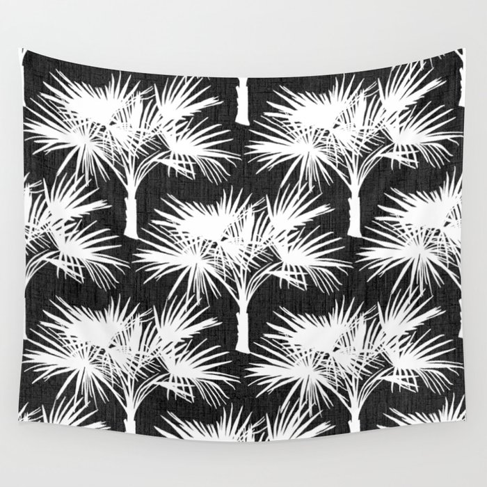 Retro 70’s Palm Trees White on Charcoal Wall Tapestry