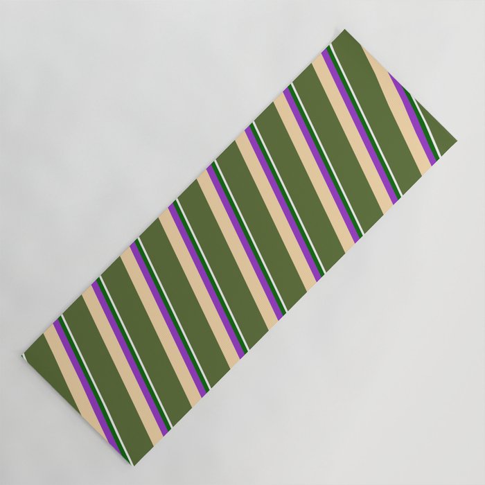 Dark Olive Green, Tan, Dark Orchid, Dark Green, and White Colored Striped/Lined Pattern Yoga Mat