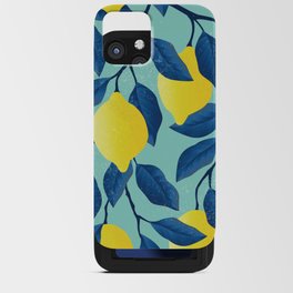 Vintage yellow lemon on the branches with leaves and blue sky hand drawn illustration pattern iPhone Card Case