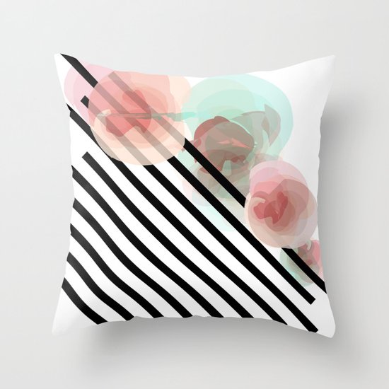 Watercolor Floral with Stripes Throw Pillow