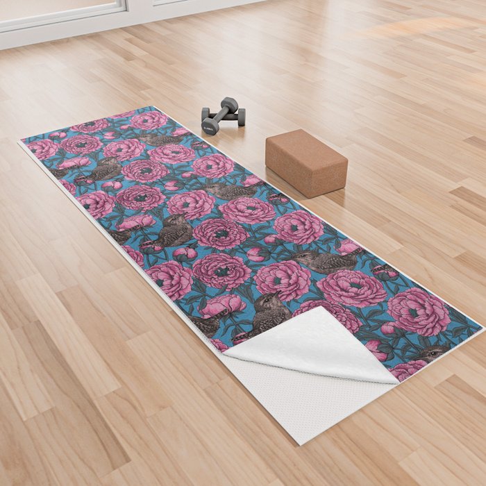 Pink peonies and wrens on blue Yoga Towel