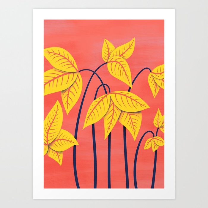 Abstract Flowers Geometric Art In Vibrant Coral And Yellow Art Print