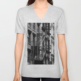 Cast iron antique brownstone fire escapes of New York, Harlem, Brooklyn & Queens architecture black and white cityscape photograph - photography - photographs V Neck T Shirt
