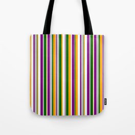 [ Thumbnail: Colorful Grey, Purple, Mint Cream, Orange, and Dark Green Colored Stripes/Lines Pattern Tote Bag ]
