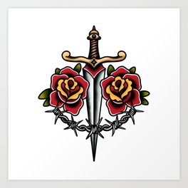 Dagger and Red Rose Traditional Tattoo Art Print