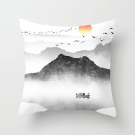 Japanese ink painting - Mountains By the Lake Throw Pillow