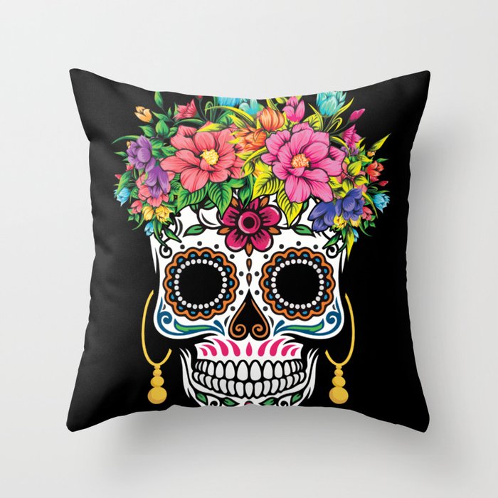 Flower Sugar Skull Muertos Day Of Dead Halloween Throw Pillow