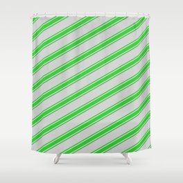 [ Thumbnail: Light Grey and Lime Green Colored Stripes Pattern Shower Curtain ]