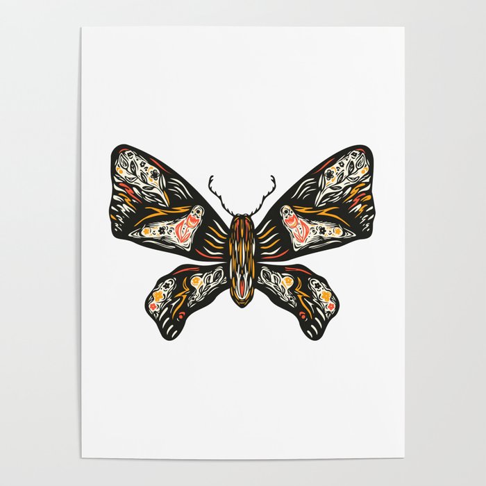 Colorful Butterfly with colored ornament. Hand drawn linocut illustration Poster