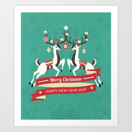 Christmas Deers with baubles Art Print