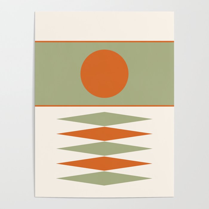 Abstract Geometric Sunrise 14 in Sage Green Orange Poster