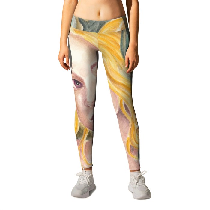 Mermaid Siren Fantasy Magic Watercolor Fine Portrait Leggings