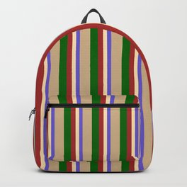 [ Thumbnail: Colorful Slate Blue, Beige, Brown, Dark Green, and Tan Colored Lines Pattern Backpack ]