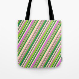 [ Thumbnail: Orchid, Green, Sea Green, and Beige Colored Stripes Pattern Tote Bag ]