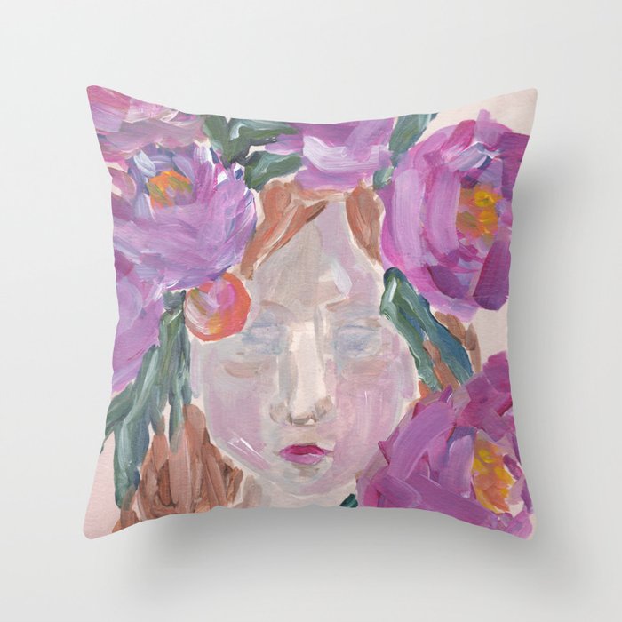 Portrait of Woman with Floral Crown Throw Pillow