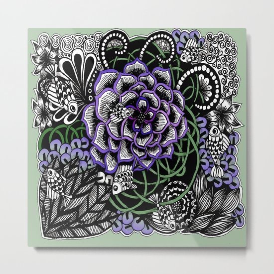 Fishes on a Coral Reef Greens - Zentangle Illustration Metal Print