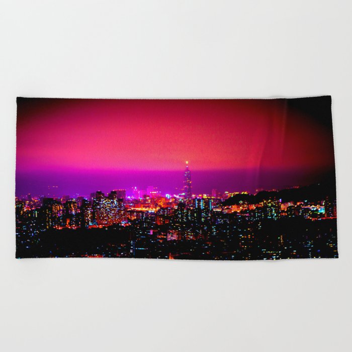 City Skyline Fuchsia Pink Sunset Beach Towel