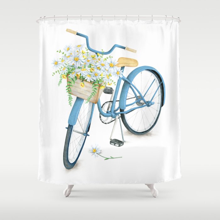 Vintage Blue Bicycle with Camomile Flowers Shower Curtain