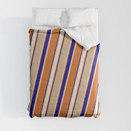 [ Thumbnail: Tan, Beige, Chocolate & Dark Blue Colored Lines Pattern Comforter ]
