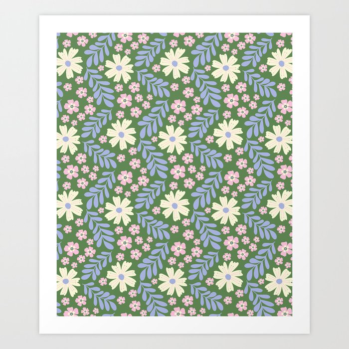 Whimsical Floral - Green, Blue, White and soft Pink Art Print