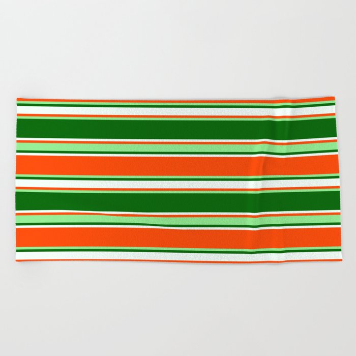 Red, Light Green, Dark Green, and Mint Cream Colored Lined/Striped Pattern Beach Towel