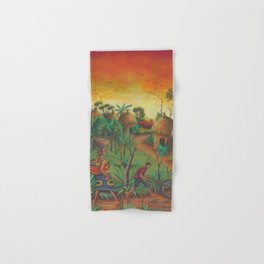 Village painting from Africa of Villagers Hand & Bath Towel
