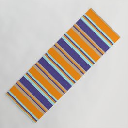 [ Thumbnail: Dark Slate Blue, Tan, Dark Orange & Turquoise Colored Stripes Pattern Yoga Mat ]