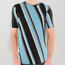 [ Thumbnail: Sky Blue, Beige, Black, and Grey Colored Stripes Pattern All Over Graphic Tee ]