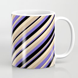 [ Thumbnail: Tan, Slate Blue, Black, and Beige Colored Stripes/Lines Pattern Coffee Mug ]