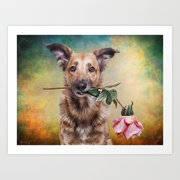 Drawing funny dog holding a flower in the mouth Art Print by