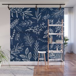 In The Wind Blue and White Leaf Sketch Wall Mural
