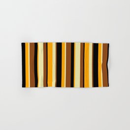 [ Thumbnail: Brown, Pale Goldenrod, Orange, and Black Colored Lines Pattern Hand & Bath Towel ]