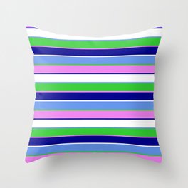 [ Thumbnail: Cornflower Blue, Lime Green, Violet, Dark Blue & White Colored Stripes/Lines Pattern Throw Pillow ]