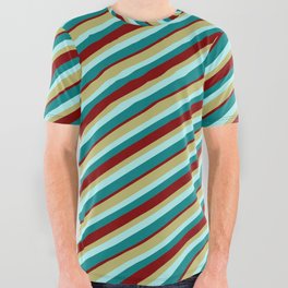 [ Thumbnail: Dark Khaki, Turquoise, Teal, and Maroon Colored Lines/Stripes Pattern All Over Graphic Tee ]