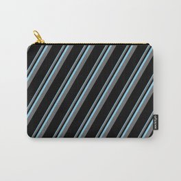 [ Thumbnail: Sky Blue, Dim Grey, and Black Colored Pattern of Stripes Carry-All Pouch ]