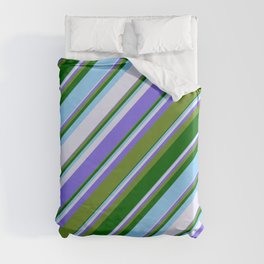 [ Thumbnail: Vibrant Medium Slate Blue, Green, Dark Green, Light Sky Blue & Lavender Colored Stripes Pattern Duvet Cover ]